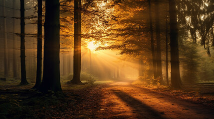 An enchanting picture of a forest bathed in the warm hues of sunrise, accentuating the beauty of autumn Generative AI