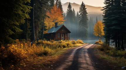 A peaceful image of a wooden cabin tucked amidst a forest of autumn trees during a serene dawn Generative AI