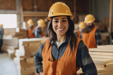 wood craft worker wearing helmet and smile