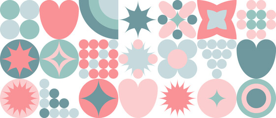 Trendy seamless geometric pattern of squares and circles, flat cartoon sketch summer background. Minimalistic natural figures of simple shapes in pastel shades.