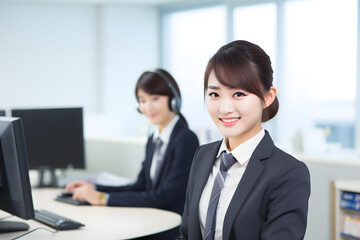 male and female asian customer service worker in desk