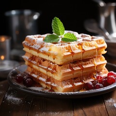 Delicious belgian waffles with mint on wooden rustic table, dark background