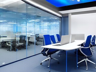 large office with a blue and white ceiling and a desk with chairs and a computer monitor