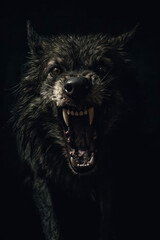 werewolf face closeup. evil looking dog wolf. black wolf. sharp fangs.