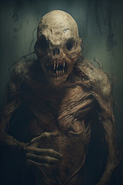 balded body demon with zombie face. sharp fangs. 