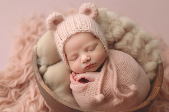 Beautiful portrait of a sleeping newborn baby. Pregnancy, motherhood, newborn photography. AI generative