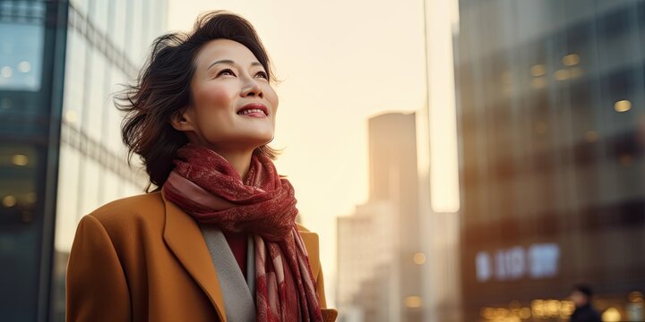 Asian businesswoman standing in big city modern skyscrapers street dreaming of new investment opportunities