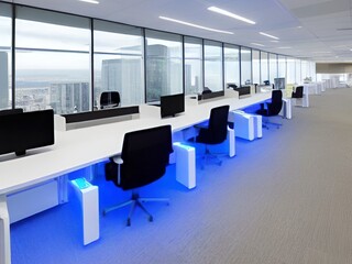 large office with a blue and white ceiling and a desk with chairs and a computer monitor