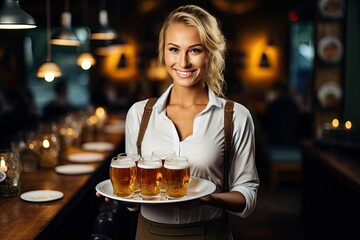 Smiling blond beautiful waitress holding jars of beer in a brewery looking at the camera