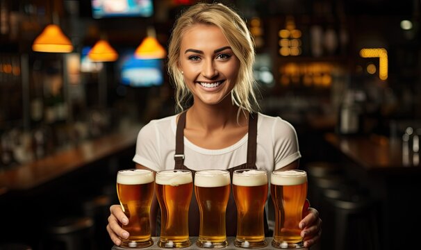 Smiling blond beautiful waitress holding jars of beer in a brewery looking at the camera