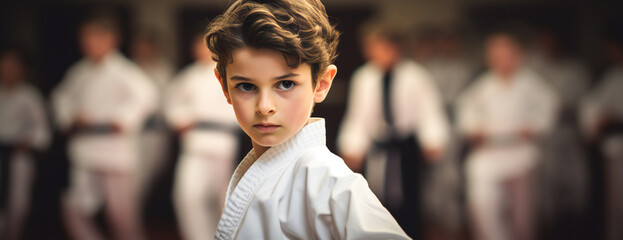 A young Boy doing karate, jiu-jitsu, judo, wrestling with people blurred in background