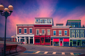 Historic Belfast downtown buildings and street landscape at dusk with saturated vibrant colors of the architecture and sky - obrazy, fototapety, plakaty