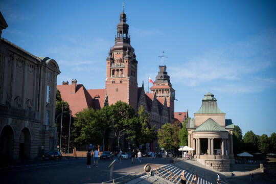 Panorama of Szczecin with a view of Waly Chrobry on a July day