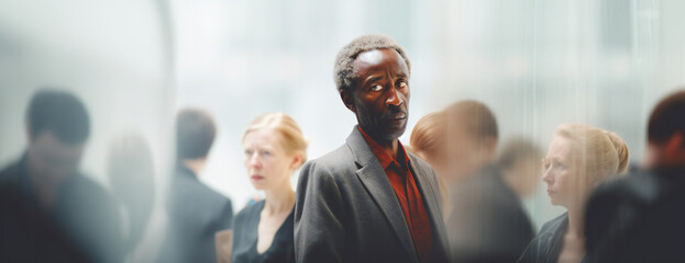Afro American elderly Man Portrait with moving people blurred in the background, concept