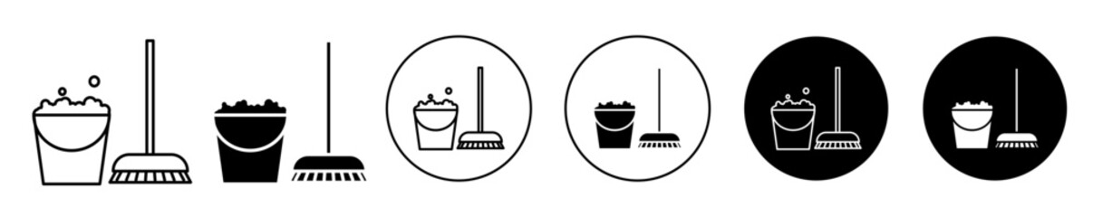 Mop and bucket icon set. cleaning broom vector symbol in black color. - obrazy, fototapety, plakaty