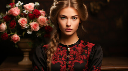 Fototapeta premium Elegant woman in a red dress standing next to an arrangement of flowers.