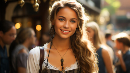 Fototapeta premium Portrait of a woman in a traditional dress enjoying Octoberfest at a venue.