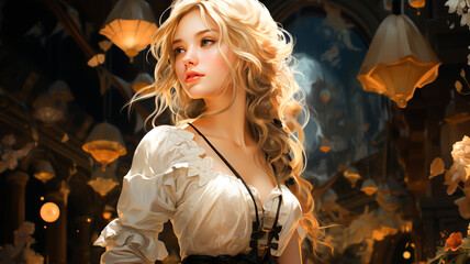 Fototapeta premium Portrait of a blonde woman standing below floating lanterns.