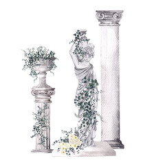 Watercolor composition with antique statue, vase and wild garde greenery branch, leaves and flowers, isolated on white background