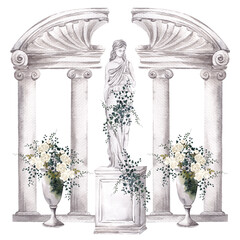 Naklejka premium Watercolor composition with antique statue, vase and wild garde greenery branch, leaves and flowers, isolated on white background