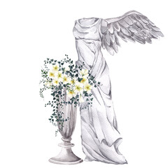 Watercolor composition with antique statue, vase and wild garde greenery branch, leaves and flowers, isolated on white background