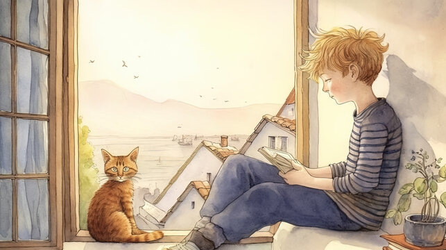 Two red-haired friends - a boy and a cat - are sitting on the windowsill near the open window and reading a book. Naive art style storybook illustration
