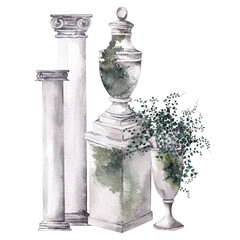 Watercolor composition with antique statue, vase and wild garde greenery branch, leaves and flowers, isolated on white background © марина васильева