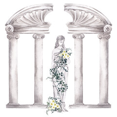 Watercolor composition with antique statue, vase and wild garde greenery branch, leaves and flowers, isolated on white background © марина васильева