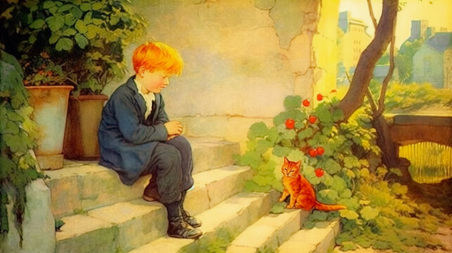 Two red-haired friends - a boy and a cat - are sitting on the steps of a stone staircase. Naive art style storybook illustration