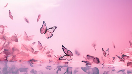 Pink petal and butterfly on pink water. 