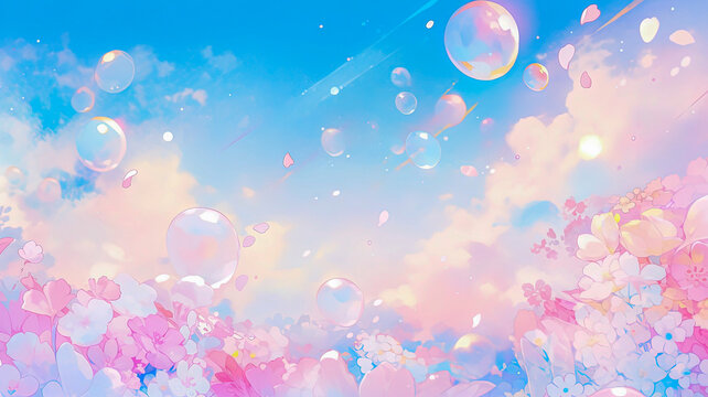 Shiny flowers and bubbles on beauty pink and blue sunset sky. Gentle abstract background. Kawaii or anime style wallpaper. 
