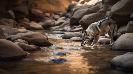 Lonely coyote going to drink water in a deserted canyon with a creek and many rocks. Ethereal bottom creek with lone coyote in the environment. Realistic 3D illustration. Generative AI