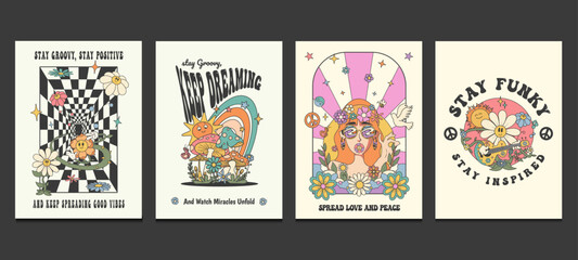 groovy hippie 70s posters with psychedelic cartoons, vector illustration