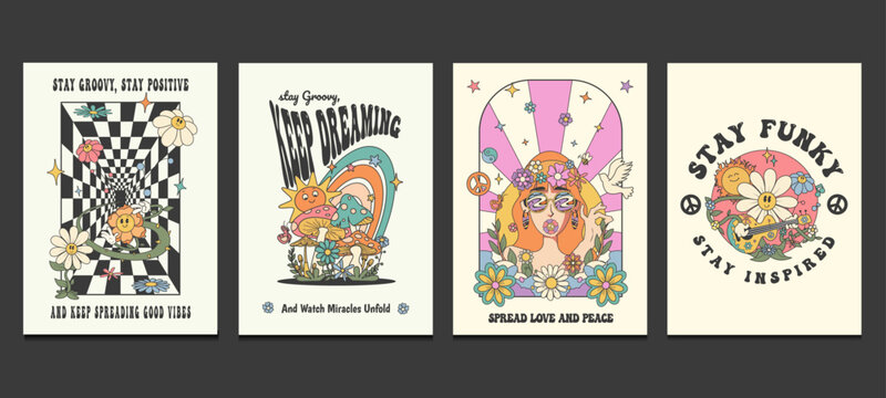 groovy hippie 70s posters with psychedelic cartoons, vector illustration