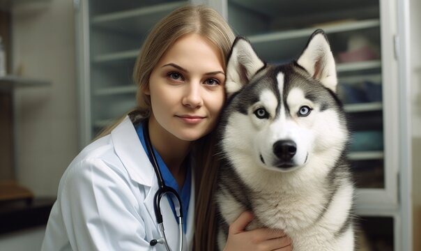 Veterinarian cuddling husky dog in clinics