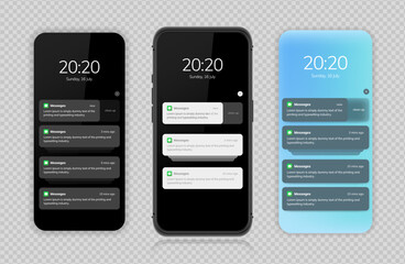 Notification screen UI design. Phone notification windows template on a dark background. Smartphone messaging interface. Vector illustration. Smartphone. Vector illustration.