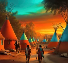 Deurstickers Donkerrood Amerindian tribes, their original home, colored tents - Created with Generative AI Technology 