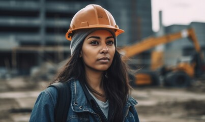 Obraz na płótnie Canvas Woman wearing hard hat on a construction site