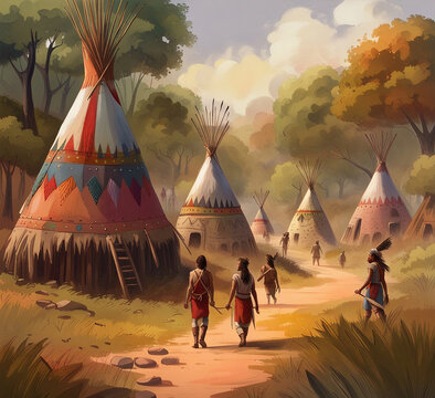 Amerindian tribes, their original home, colored tents - Created with Generative AI Technology
