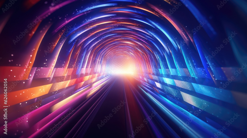Poster abstract tunnel with colorful stripes in motion. glowing neon colored lines in cyberspace.