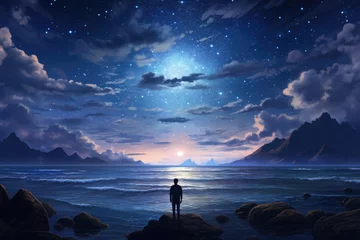 Wall murals Fantasy Landscape Silhouette of alone person looking at heaven. Lonely man standing in fantasy landscape with shining cloudy sky. Meditation and spiritual life