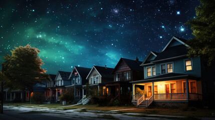 Row of classic family houses facades at night. Suburban neighborhood. Residential building with illuminated windows