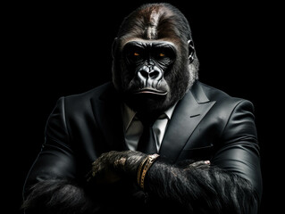 Unstoppable Force: Gorilla Business in Suit on Black Background