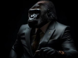 Unstoppable Force: Gorilla Business in Suit on Black Background