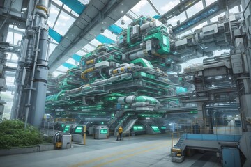 Revolutionary eco-friendly futuristic factory blue color