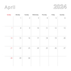 Simple wall calendar for April 2024 with dotted lines. The calendar is in English, week start from Sunday.