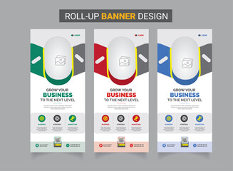 Fototapeta na wymiar Roll up x banner standee banner template with creative shapes three color variation x banner design