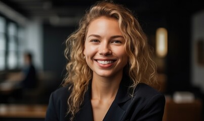Cheerful young businesswoman smiling while sitting on a couch
