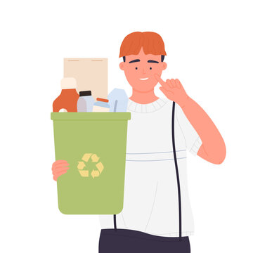 Man with recycling waste bin. Waste management campaign, ecology protect vector illustration