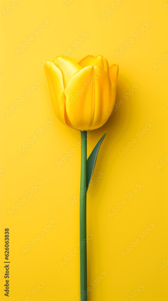 Poster yellow tulip on a yellow background with copy space for text.